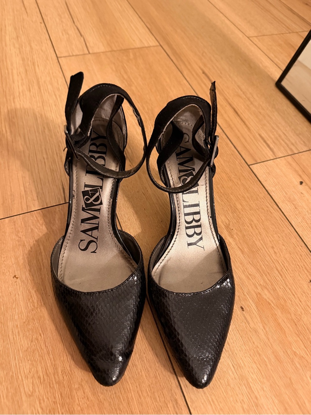 Sam & Libby Black Pointed Ankle-Strap Pumps - Textured Patent
